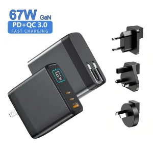 GaN PD 67W Display Fast Charger USB Type C US EU UK AU JP Wall Charger Adapter for iPhone 17 16 15 Phone Laptop Tablet