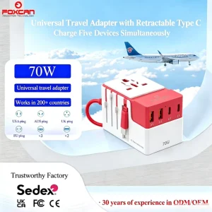 GaN PD70W Universal Travel Adapter Multi Power Plug with 2USB-A 2USB-C and Retractable Cable Works in 200+ Countries
