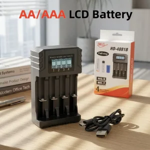 HD 4881A Portable 4 Slot USB C Fast NiMH Battery Charger with LCD Display Auto Shut Off for AA Aaa Camera Mic 1.2V 1.5V