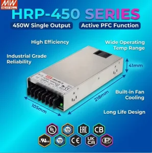 HRP-450-15 450W High Efficiency Single Output 15V 30A PFC Function Low Profile Design Power Supply