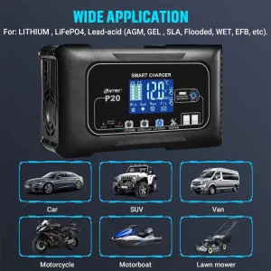 HTRC P20 12V 24V Trickle Charger Car Battery Charger with 9 Stages of Charging for LiFePO4