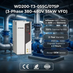 HYTECON 55kW 75kW AC Drive WD200 T3 055G 075P 3Phase 380V 75HP 100HP Heavy Duty VFD Frequency Inverter for 100HP Pump Fan System