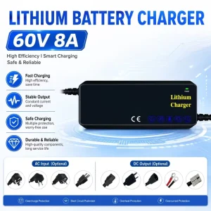 High Efficiency 60V 8A Lithium Battery Charger Fit 67.2V 69.35V 71.4V 73V Electric E Bike Scooter Battery Charger