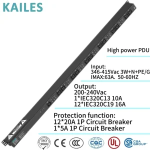 High Power Series 63A Mining PDU Three Phase Industrial Power Distribution Unit 13 Sockets 200-240VAC Output