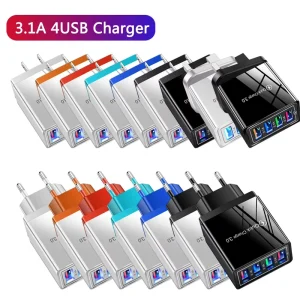 Hot EU US UK Plug 3.1A 4-Port Fast Charger with USB Type-C for Mobile Phones