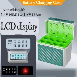 Hybrid Battery Charger Ni MH (1.2V) & Li ion (1.5V) 8 Slot Aa Lithium Charger Box Battery Replacement Smart Battery Charger Aa