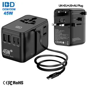 IBD PD 45W QC3.0 Universal Travel Adapter with 3 Type-C & 2 USB Ports for Laptop/Camera Portable Wall Charger (US/EU/AU/UK)
