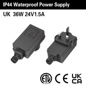 IP44 Waterproof 24V 1.5A 36W AC-DC US Plug Power Adapter ETL CE UKCA Certified PC/ABS Material for Outdoor Commercial Use