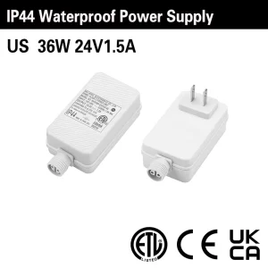 IP44 Waterproof 24V 1.5A 36W AC-DC US Plug Power Adapter, ETL CE UKCA Certified, for Outdoor LED Lights and Smart Devices