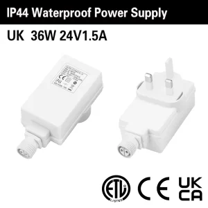 IP44 Waterproof 24V1.5A 36W AC DC UK EU Plug Power Adapter ETL CE UKCA Certified 2 Year Warranty ABS PC Material Outdoor
