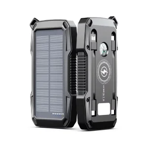 IP65 Solar Power Bank 10000mAh with Fast Wireless Charging, Built-in Cable, LED, and Safety Protection