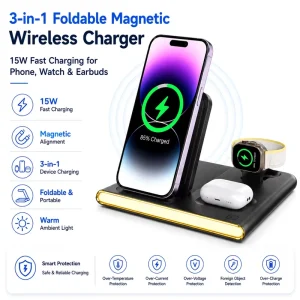 In Stock Portable 3 4 in 1 Foldable Magnetic Wireless Charging Station 15W Fast Charger Stand with Warm Ambient Light