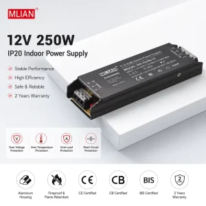 Indoor Slim LED Strip Power Supply 12V250W Switching Output Type with 30A Output Current