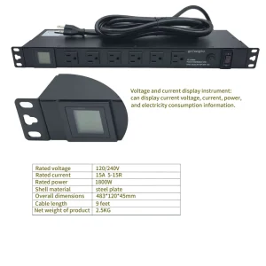 Industrial 1U 15A 120/240V 1800W Rack PDU Overloading and Voltage/current Meter Black Metal IP22 with US Plug Standard