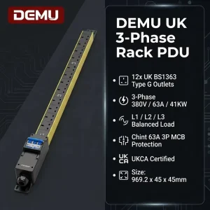 Industrial 1U 3 Phase PDU UK BS1363 Socket 13A 12 Way 380 Volt 63 Amp 41kW UKCA