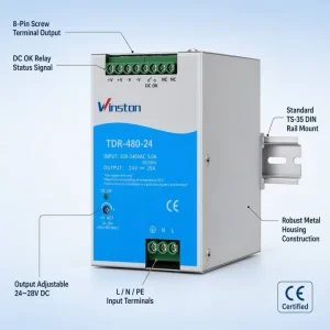 Industrial 480W 24V 20A DIN Rail Switching Power Supply AC DC Single Output Active PFC 92.5% High Efficiency Full Protection CE