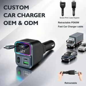 Industrial Dual-Port USB-C PD 3.1A Car Charger 12-24V with LED Indicator, Monitoring, and Retractable Cord
