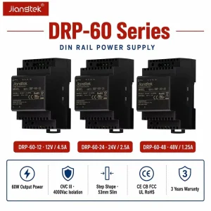 Jiangtek DRP-60 60W 12V 24V 48V Ultra Slim Step Shape OVC III AC DC Converter DIN Rail Industrial Regulated Power Supply
