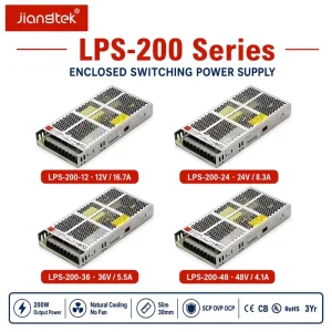 Jiangtek LPS-200 200W 12V 24V 36V 48V Ultra Slim 30mm Fanless SCP OVP OCP SMPS Industrial AC-DC Single Switching Power Supply