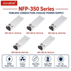 Jiangtek NFP 350 350W 12V 24V 36V 48V PFC Fanless LED Strip AC DC Converter CE CB UL Regulated Industrial Power Supply Module