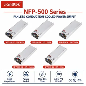 Jiangtek NFP 500 500W 12V 24V 36V 48V Active PFC Fanless Conduction cooled 31mm Slim Industrial Switching Power Supply SMPS