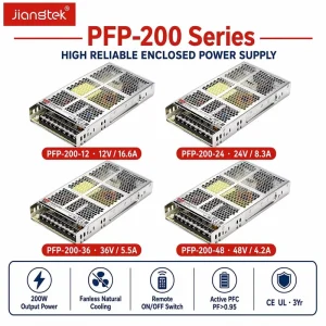 Jiangtek PFP 200 200W 12V 24V 36V 48V PFC PF0.95 Fanless CE UL RoHS Regulated Industrial AC DC Power Supply