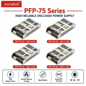 Jiangtek PFP-75 75W 12V 24V 36V 48V High Reliable PFC Fanless AC DC Converter LED Strip CE UL RoHS Industrial Power Supply