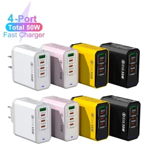 Justlink 50W 4 Ports USB Charger PD25W Fast Charging QC3.0 Type C Adapter with 5A ABS for Mobile Phone Power Supply Station