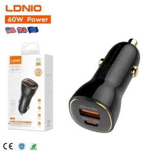 LDNIO C103 60W USB C Car Charger Dual C Cigarette Lighter Super Fast Car Charger Adapter PD30W+PD30W Car Phone Charger