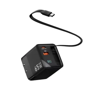 LED Display GaN 65W Travel Wall Charger, Dual USB-C PD QC3.0, Retractable USB-C Cable for Tablet