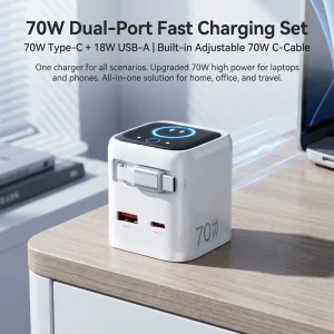 LED Display iPhone Charger Retractable PD70W GaN Fast Laptop Charger QC3.0 Portable Mobile Charger Type C USB C