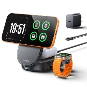 LISEN for iPhone 17 16 Pro Max Magnetic Wireless Charger Stand Qi2 3 in 1 Charging Station Dock for Apple Watch AirPods Holder