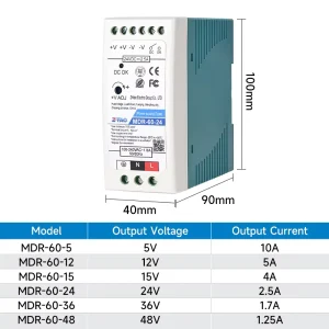 MDR 60 DC Din Rail 60W 24V 12V Switching Power Supply 5V 10A 12V 5A 24V 2.5A for LED Industry Applications