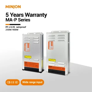 MINJON Outdoor 400W 24V CE CB Certification AC DC Single PFC Light Signature Rainproof Switching Power Supply 94% Efficiency