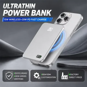 Magnetic Wireless Power Bank 15W PD Ultra Slim with LED High Capacity Custom