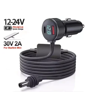 Mindpure Starlink Mini Car Power Cable 12V-24V Cigarette Lighter to DC Cord IP68 Waterproof with LED Display 18AWG 5A Charge