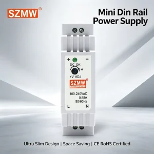 Mini DIN Rail DR-15W-24V AC-DC Power Supply 0.63A CE RoHS Low-Ripple 85-264V Wide Input for PLC Sensor and Access Control