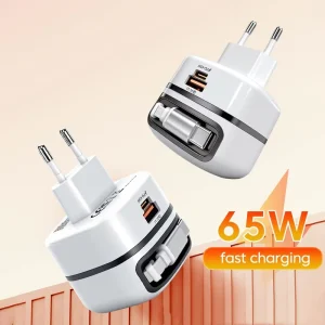 Mobile Phone Charger 65W 25W Fast Charging EU UK US Plug Dual Port Built in Charging Cable Adapter Compatible with IOS Android