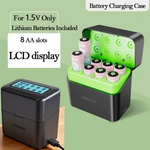 Multi Purpose Li ion Battery Charger Organizer Case LED Illumination AA AAA Batteries Integrated LCD Display Charging Stand