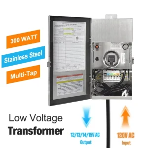 Multi-Tap 300W Weatherproof 120V AC to 12/13/14/15V AC Low Voltage Transformer for Outdoor Landscape Lighting