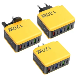 Multi-port Smartphone Charger Yellow 3 USB + 3 PD EU/US/UK Fast Charging Adapter