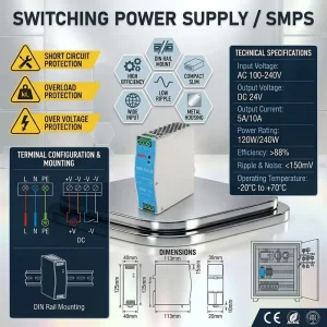 NDR-120W AC DC DIN Rail Switching Power Supply with LED Application 100-240V Input 5V 12V 24V 48V Output 10A 60Hz Frequency
