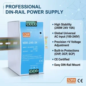 NDR-240W-24V 10A DIN Rail Power Supply for Building Automation Instrumentation Control Panel HVAC Access Control System