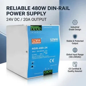 NDR-480-24 DIN Rail Power Supply with Low Ripple Constant Voltage for Large LED Projects CE RoHS Certified