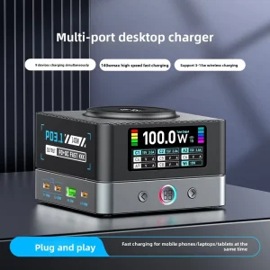 New Cross-border Desktop Charger Multi-port USB 200W High-Power Smart Fast-Charging Station Digital Display Wireless Charging