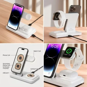 New Multifunctional Foldable Desktop Wireless Phone Charger Stand 15W 3 in 1 Wireless Charger Stand with LED