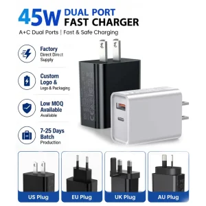 ODM OEM 45W Fast Charger Wall USB A+ Type C with US UK EU AU Plug PD20W Charger Adapter Fast Charging for Phone