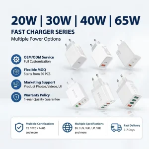 ODM PD QC3.0 GaN Fast Charging Travel Charger and Adapter Multiport Portable 20W 30W 40W 65W USB and Type C Wall Charger for Phone