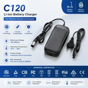 OEM EMC Standard FCC EN55032 Li ion Battery Charger C120 for Electric Scooter Unicycle GaN Fanless 2 Color LED Indicator ETL