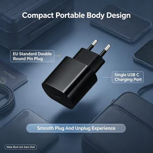 OEM EU Plug USB C Charger Black Matte Single Port Type C Power Adapter Compact Wall Charger for Smartphone Laptop